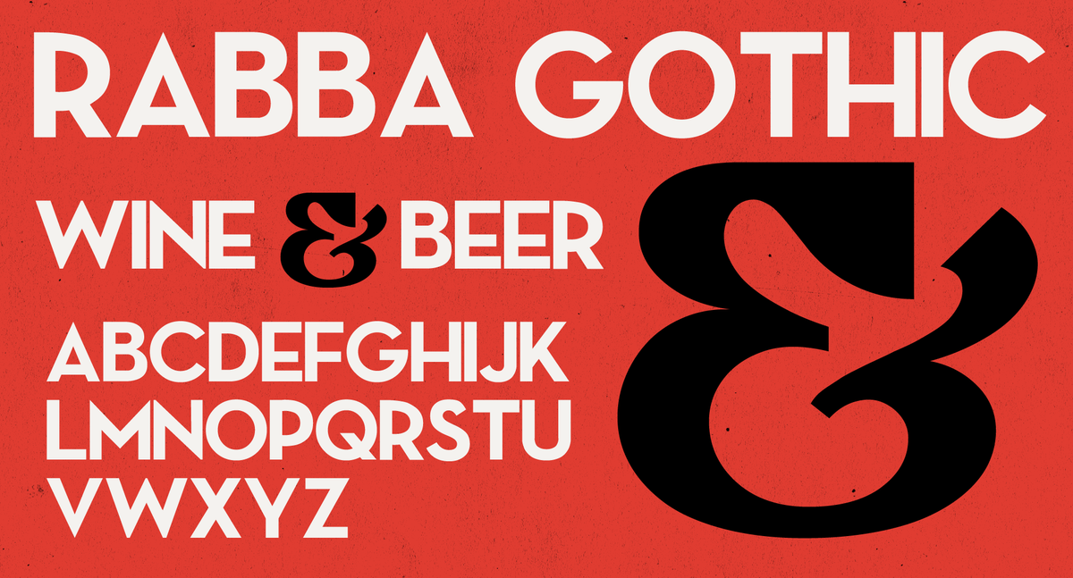 Rabba Gothic type specimen: Wine and Beer lockup, full alphabet and oversized black ampersand on Rabba red