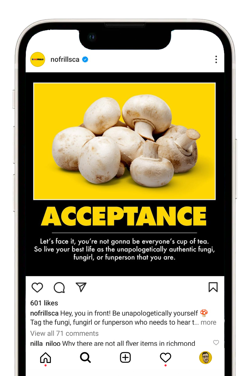 No Frills Instagram post styled as a motivational poster, starring mushrooms
