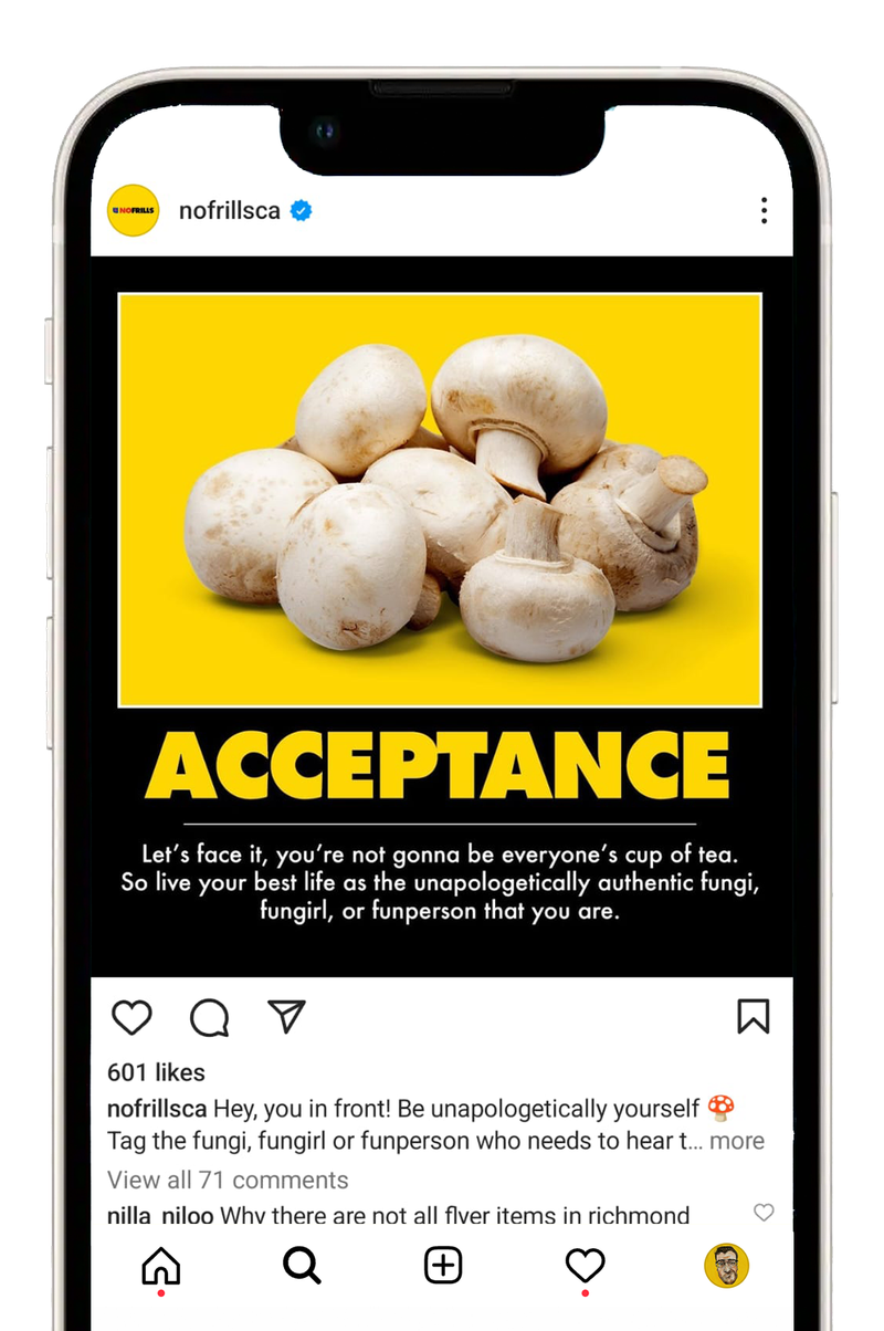 No Frills Instagram post styled as a motivational poster, starring mushrooms