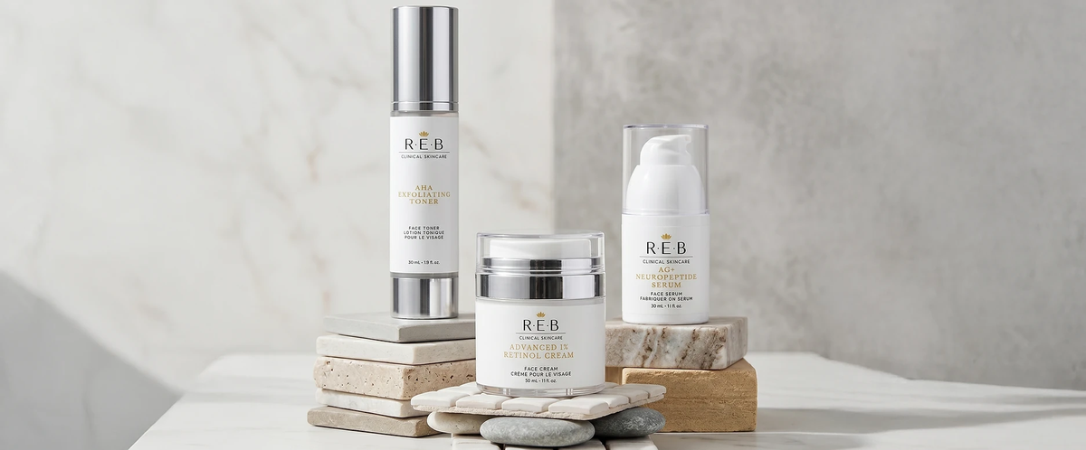 REB Clinical Skincare toner, face cream, and serum product lineup by BEND Creative