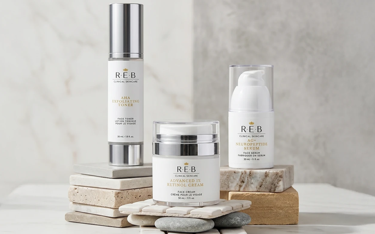 REB Clinical Skincare toner, face cream, and serum product lineup by BEND Creative