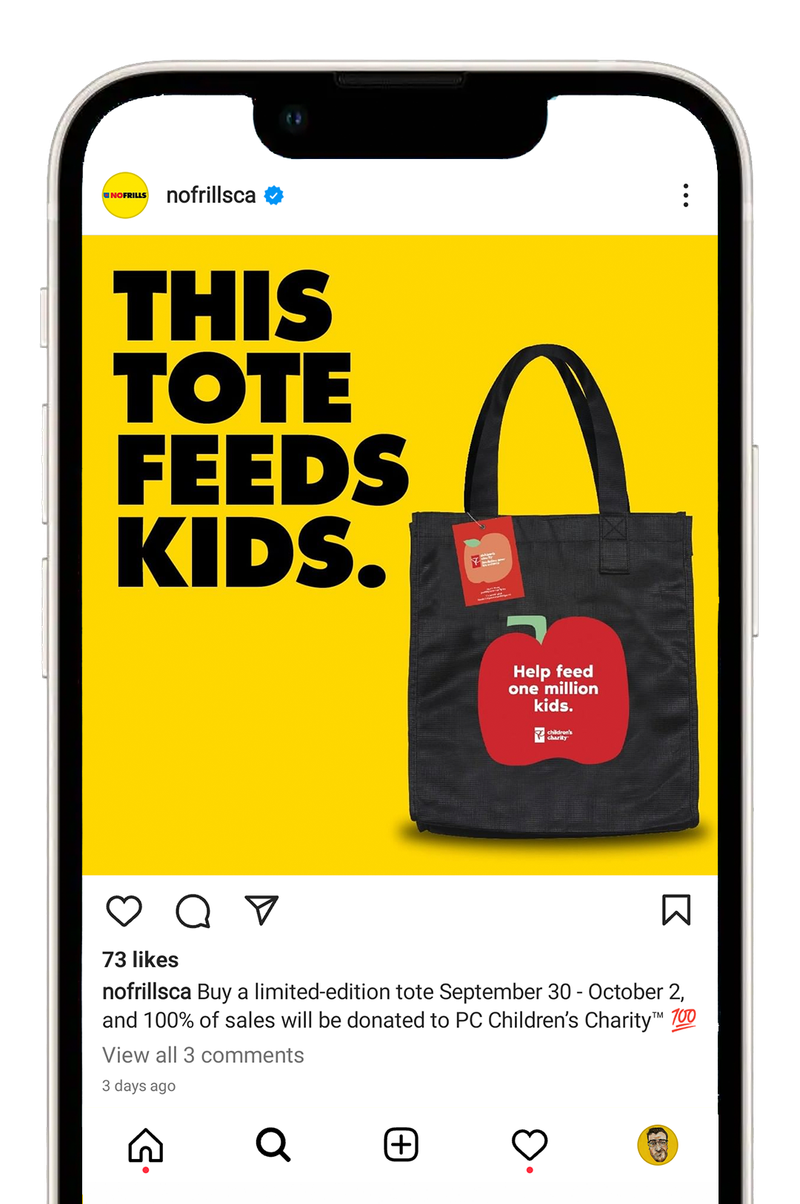 No Frills Instagram post: "This tote feeds kids", a limited-edition tote raising money for PC Children's Charity