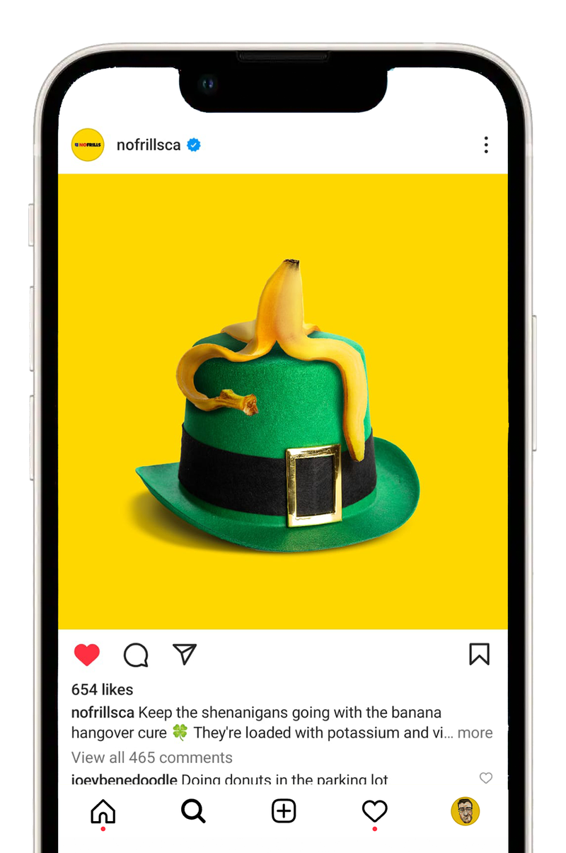 No Frills Instagram post of a banana peel on a St. Patrick's Day hat