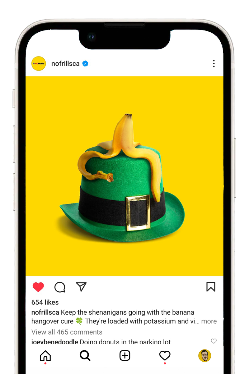 No Frills Instagram post of a banana peel on a St. Patrick's Day hat