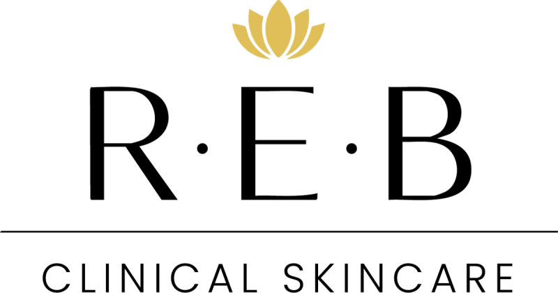 REB Clinical Skincare logo: gold lotus above R·E·B with Clinical Skincare beneath