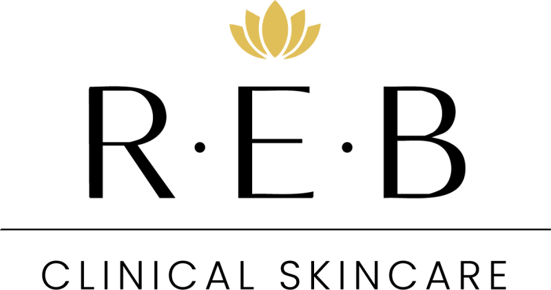 REB Clinical Skincare logo: gold lotus above R·E·B with Clinical Skincare beneath