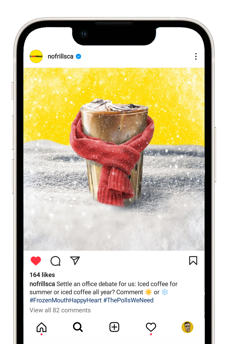 No Frills Instagram post of an iced coffee wearing a knitted scarf