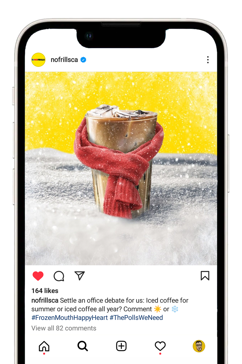 No Frills Instagram post of an iced coffee wearing a knitted scarf