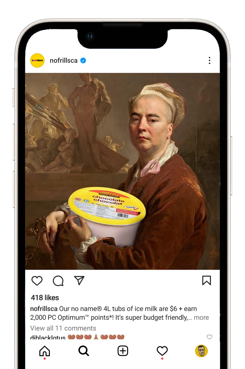 No Frills Instagram post of a Renaissance portrait holding a tub of ice cream