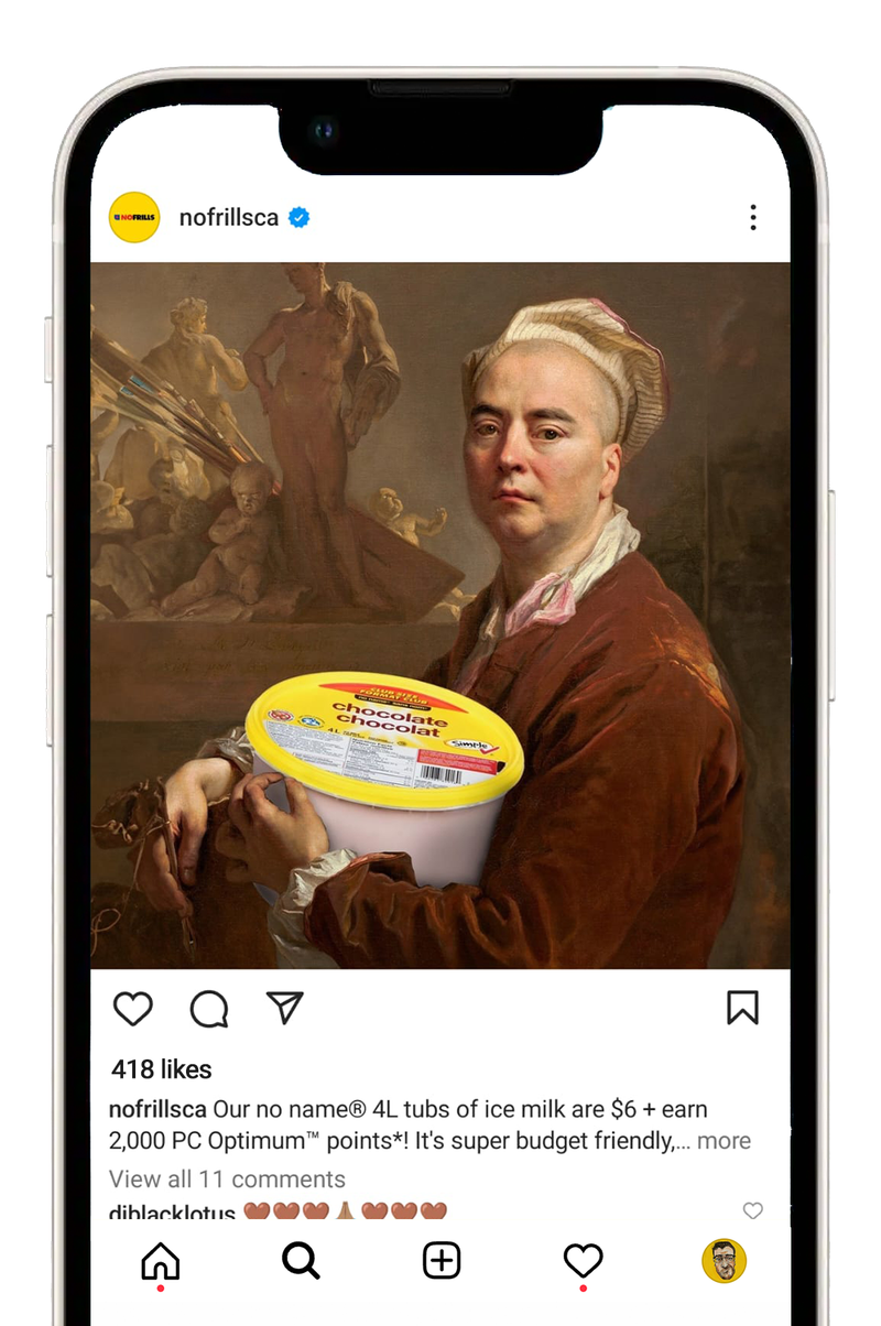 No Frills Instagram post of a Renaissance portrait holding a tub of ice cream
