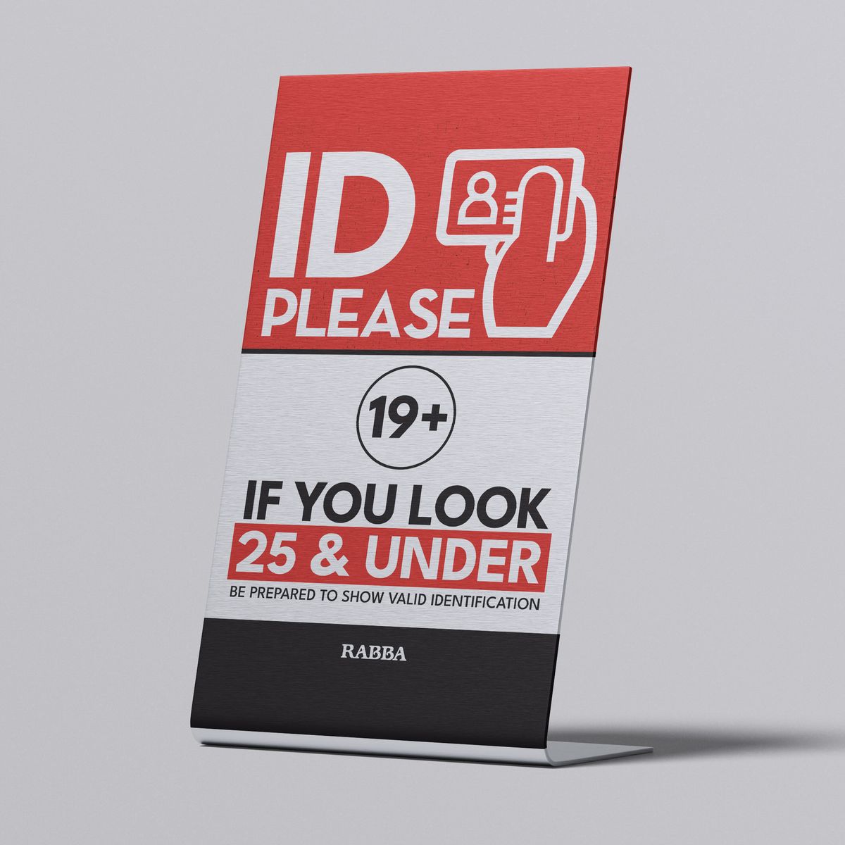 Rabba checkout counter card reading ID Please, 19+, if you look 25 and under