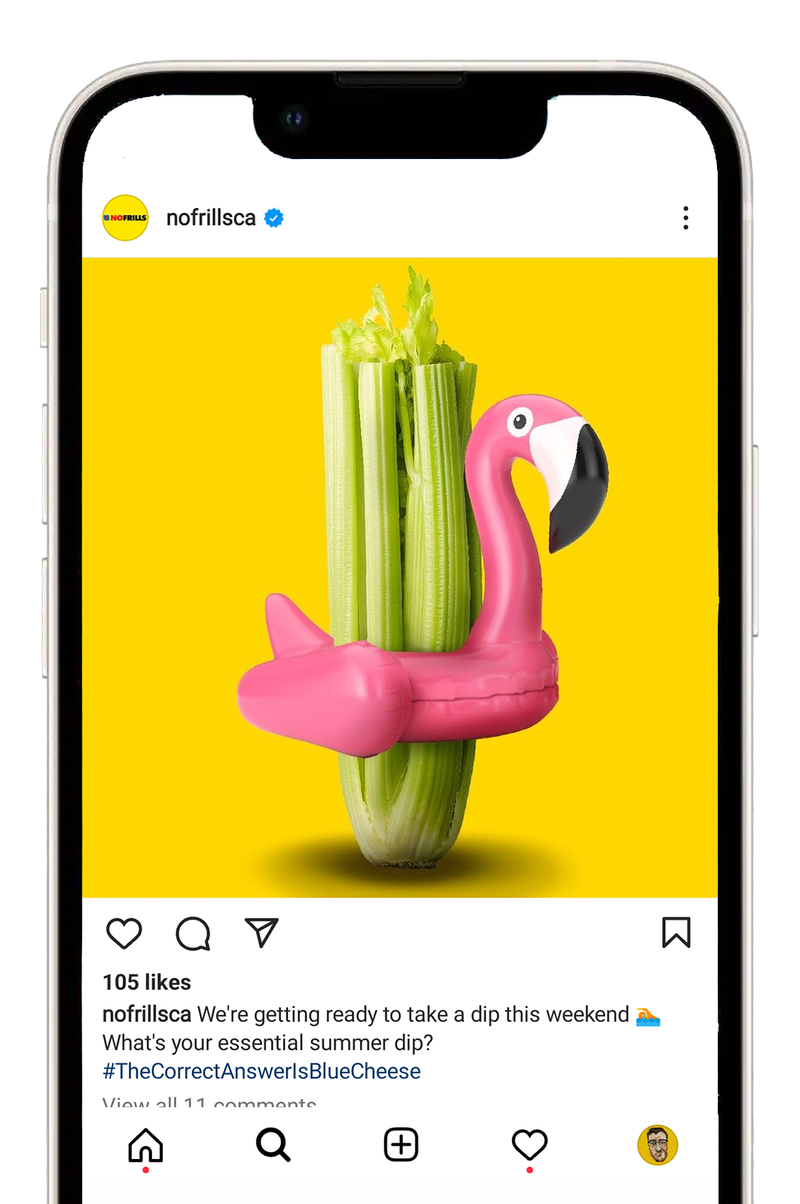 No Frills Instagram post of a stalk of celery wearing a pool floaty