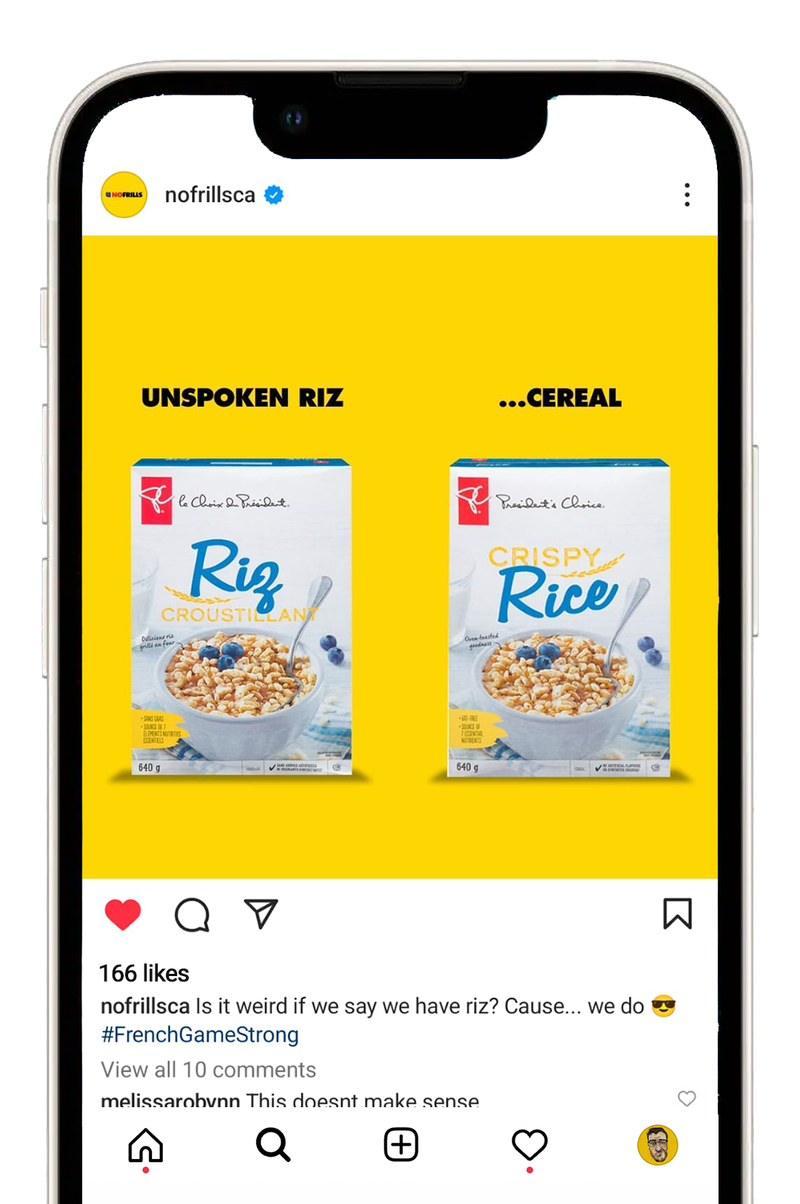 No Frills Instagram post featuring a box of rice cereal