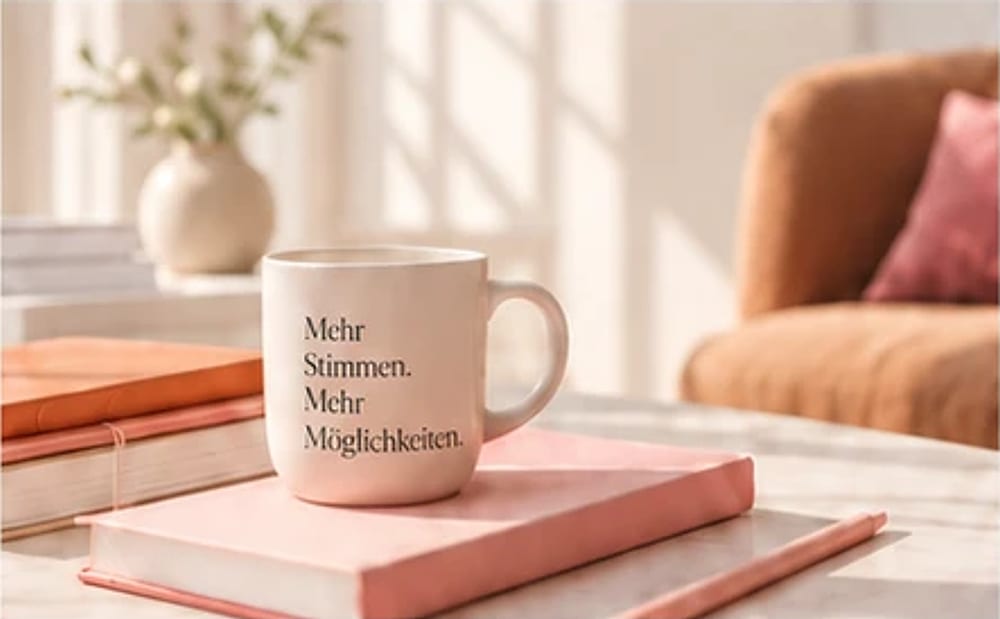 Tasse mit der Aufschrift „Mehr Stimmen. Mehr Möglichkeiten.“ auf einem rosa Notizbuch