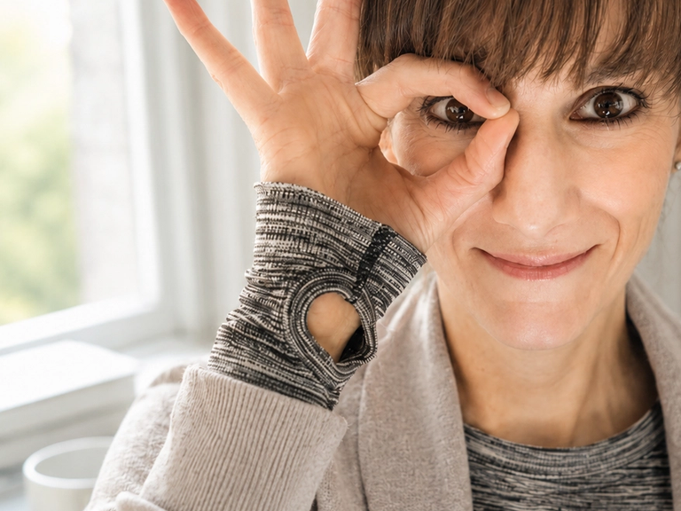 Frau schaut durch einen mit der Hand geformten Kreis