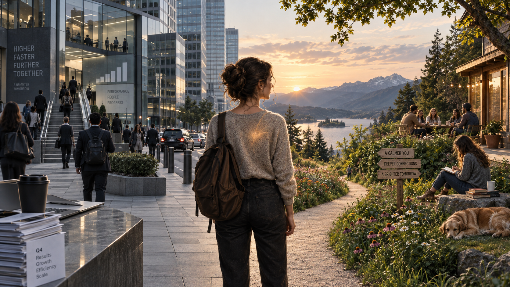 Frau vor einer modernen Stadt an einer Bucht