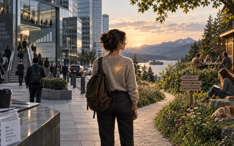 Frau vor einer modernen Stadt an einer Bucht