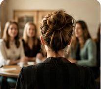 Gruppe von Frauen sitzt im Gespräch an einem Tisch