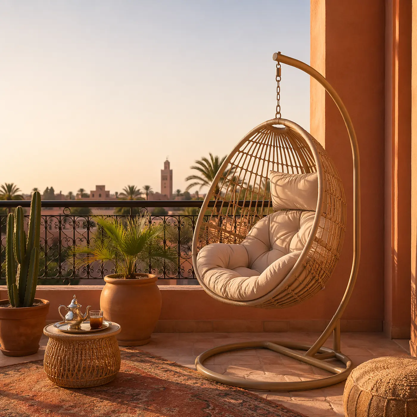 Influenceuse détendue dans la chaise pendante Rodos sur une terrasse