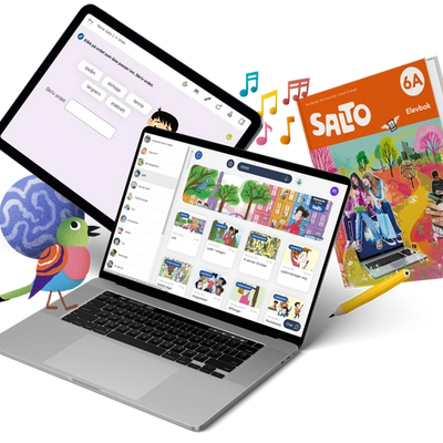 Illustrasjon, nettbrett, Pc med Skolestudio ressurser og en Sato 6A bok.