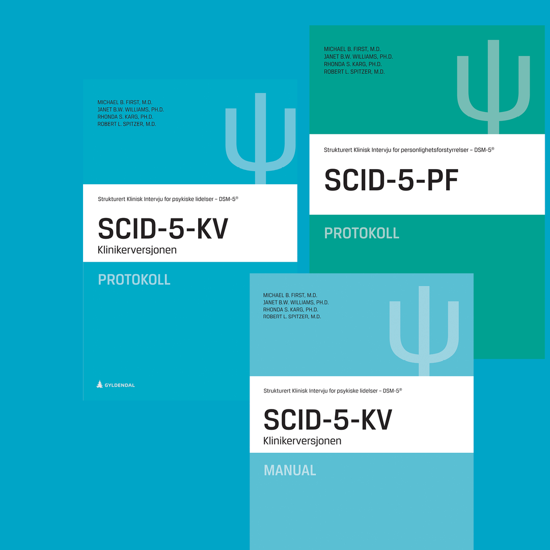 Forsiden til bøkene SCID-5-KV protokoll, SCID-5-PF protokoll, SCID-5-KV manual. Forsidene er plassert til høyre på en blå bakgrunn.