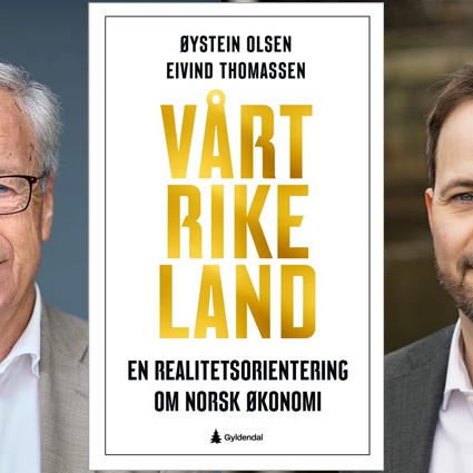 Omslaget til boka "Vårt rike land" og portrettfoto av de to forfatterne.