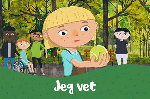Illustrasjon, flere barn i en park. Jente med tennisball i fokus.