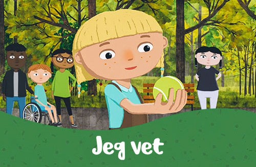 Illustrasjon, flere barn i en park. Jente med tennisball i fokus.