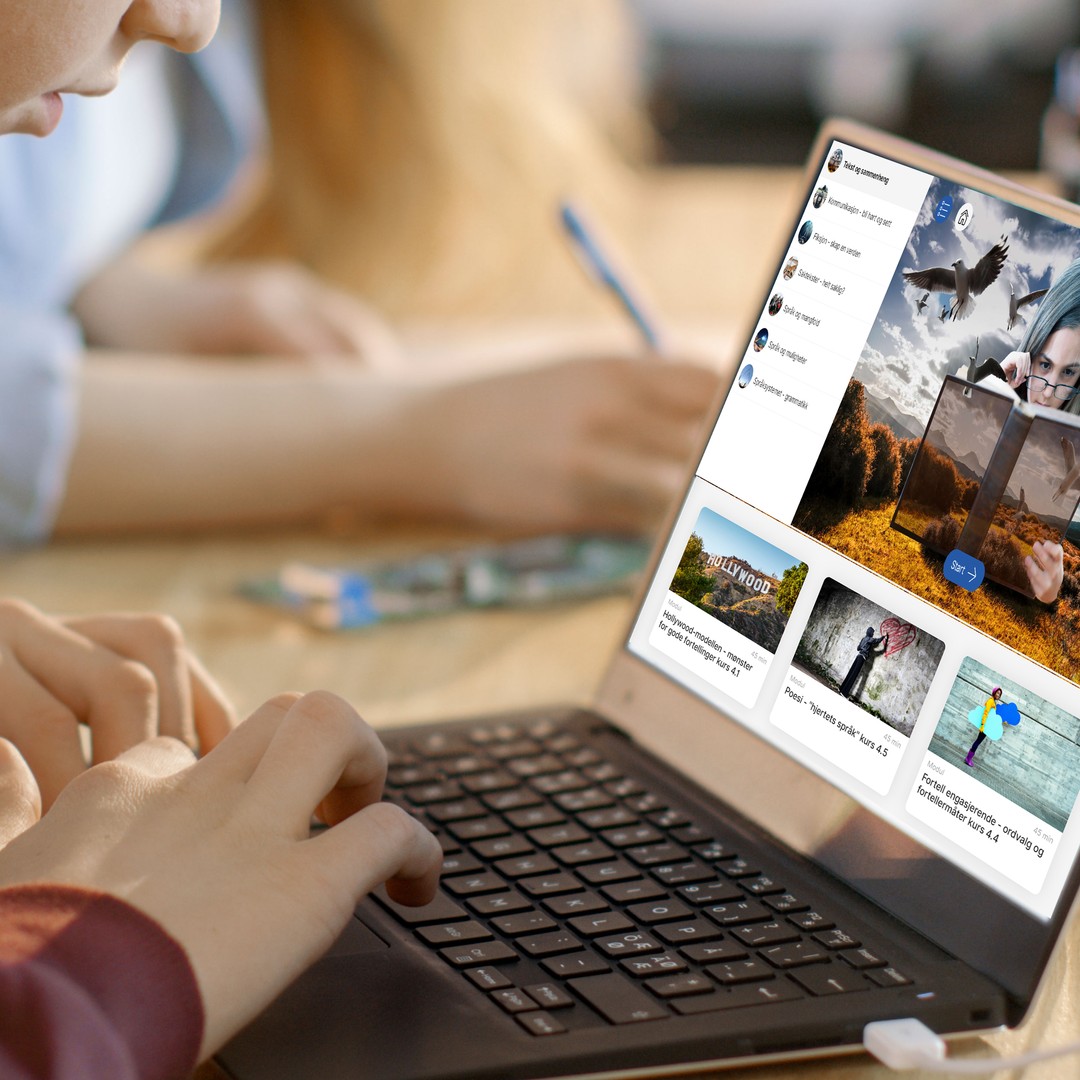 Elev sitter og jobber med en laptop. Bildet fokuserer på skjermen og personen er kuttet ut av bildet.