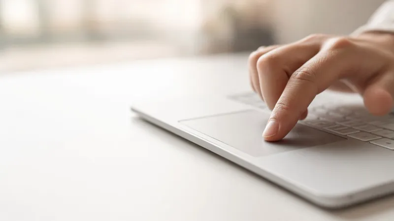 Close-up of a fingertip confirming an action on a laptop trackpad.