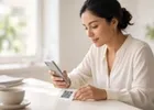 A professional scanning a code with her phone camera at a bright desk.