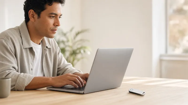 A professional at a laptop with a security key resting on the desk.