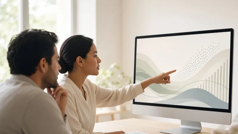 Two colleagues reviewing financial charts on a monitor in a bright meeting room.