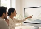 Two colleagues reviewing financial charts on a monitor in a bright meeting room.