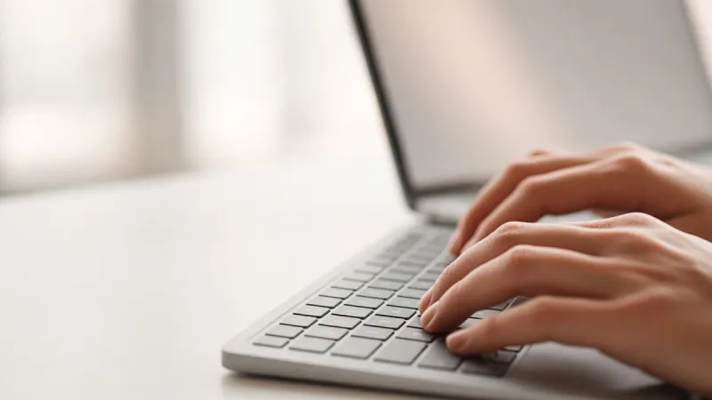 Close-up of hands typing on a laptop keyboard at a bright desk.