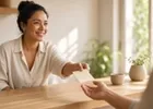 A restaurant owner handing a receipt to a customer across the counter.