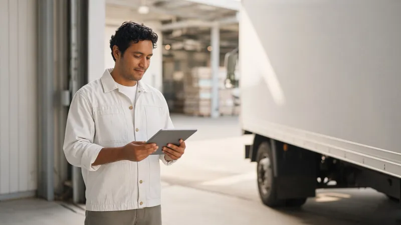 A driver holding a tablet beside a cargo truck at a sunlit loading bay.
