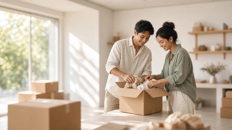 A young couple unpacking boxes while setting up their new business.