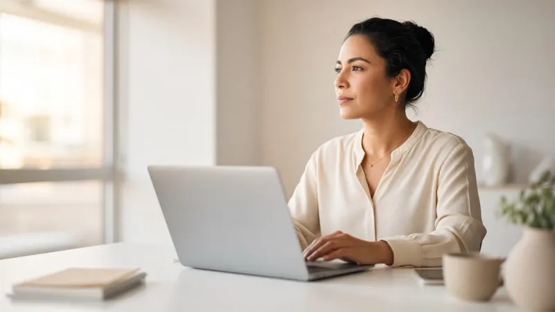 An accountant pausing at her laptop at a bright desk before cancelling a document.