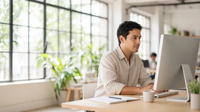 A man working at a desktop computer in a bright coworking space.
