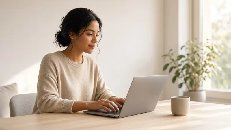 A young freelancer working on a laptop in a sunlit minimalist apartment.