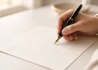 Close-up of hands filling in a form with a fountain pen at a bright desk.