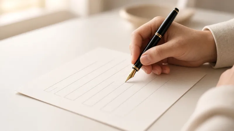 Close-up of hands filling in a form with a fountain pen at a bright desk.
