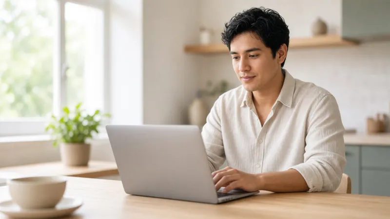 Joven emprendedor facturando desde su laptop en la mesa de la cocina por la mañana.