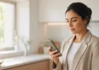 A professional checking a notification on her phone in a bright kitchen.
