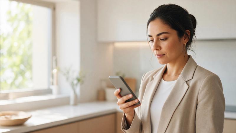 A professional checking a notification on her phone in a bright kitchen.