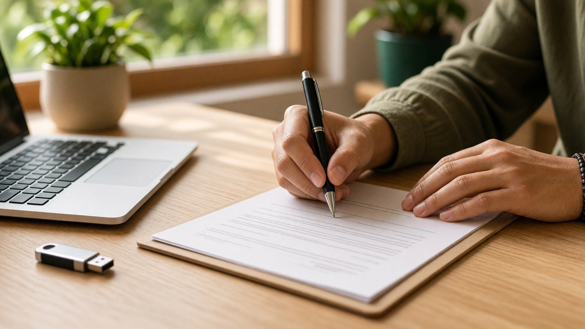 Close-up of hands signing a document next to a laptop and a USB security key on a wooden desk.