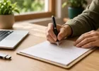 Close-up of hands signing a document next to a laptop and a USB security key on a wooden desk.
