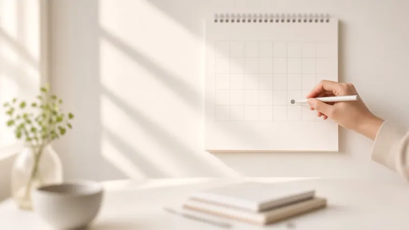 A hand marking a date on a wall calendar above a bright desk.
