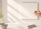 A hand marking a date on a wall calendar above a bright desk.